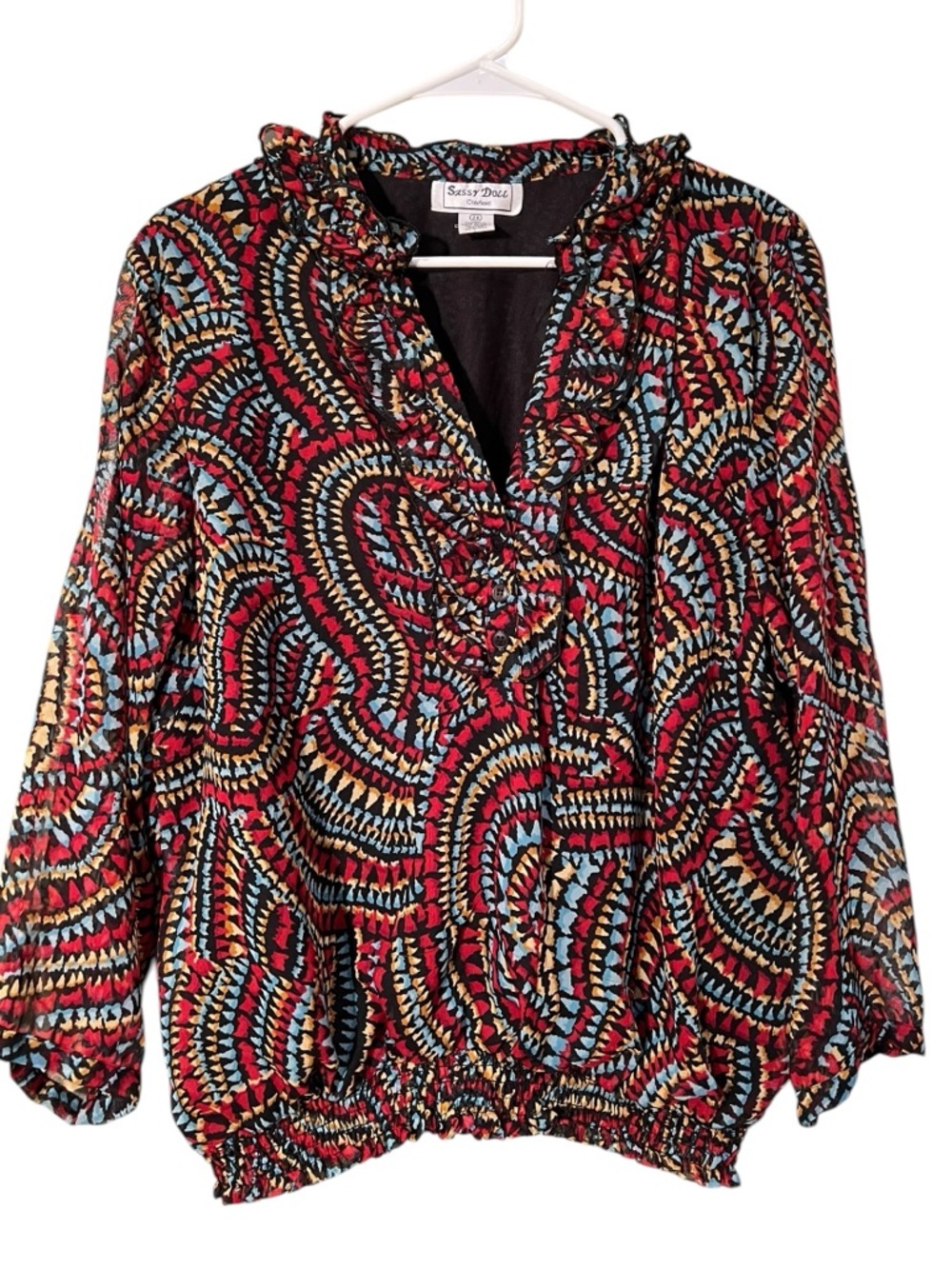 Vintage Sassy Doll Creations Womens Plus Size 2X Blouse Black Red Blue Geometric